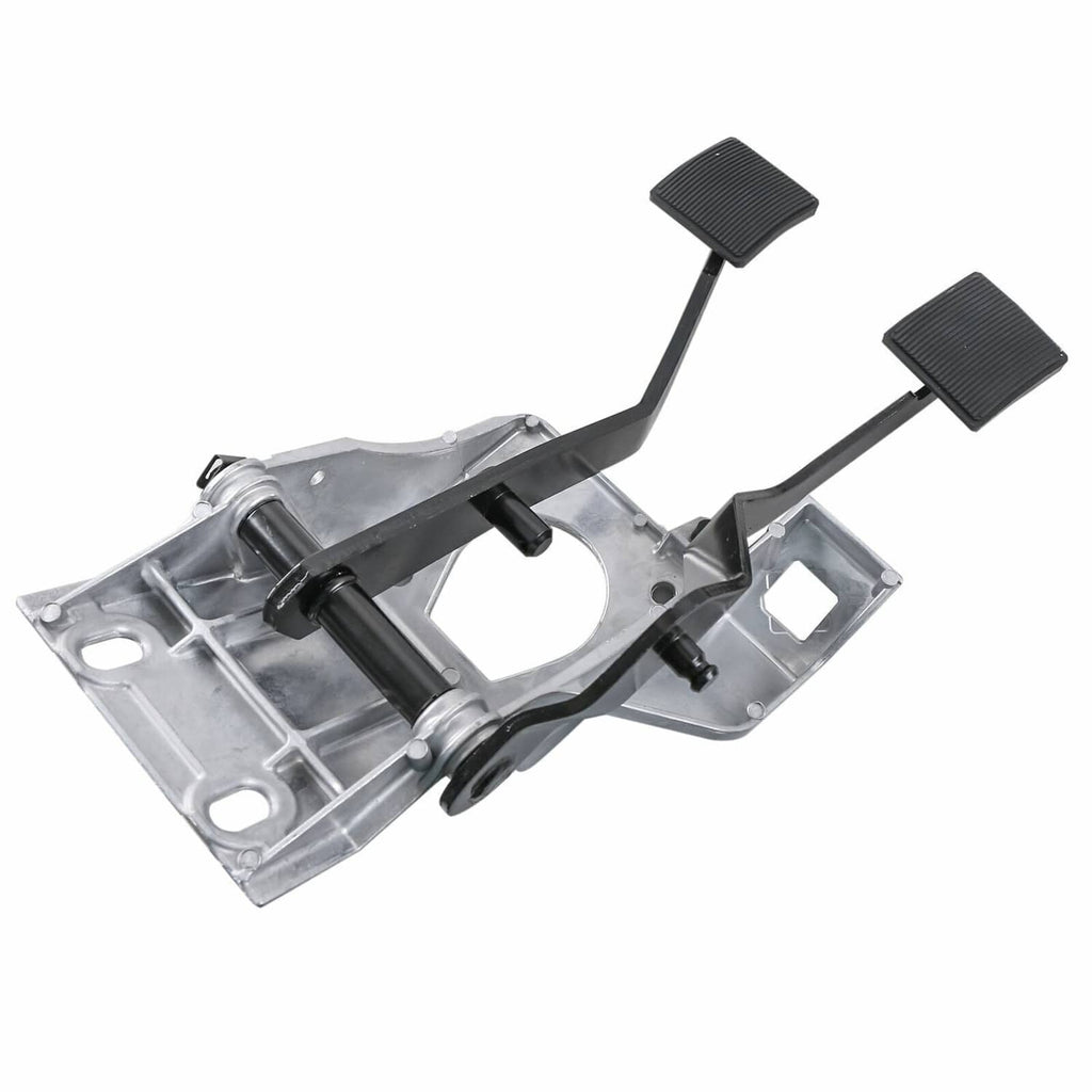 Brake clutch pedal bracket mount assembly with black ribbed pedal pads on silver base