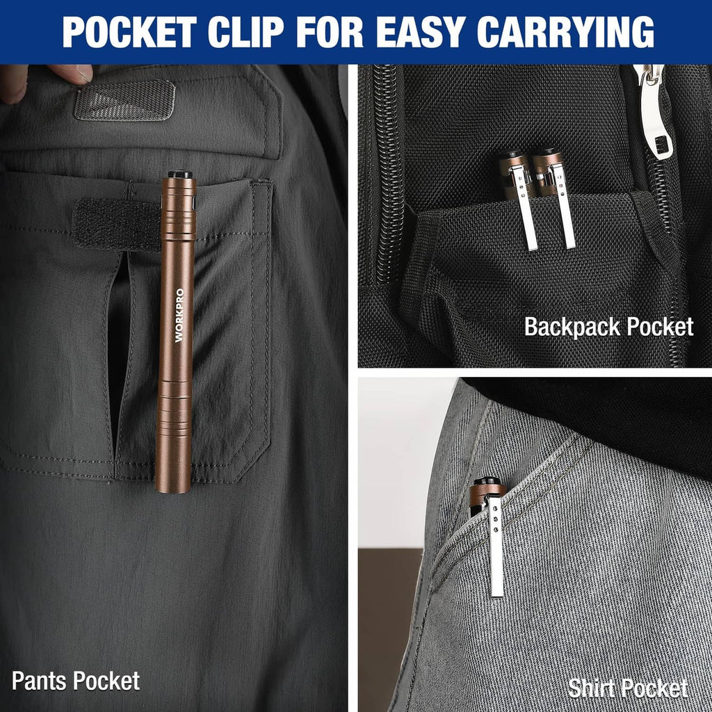 WORKPRO brown LED pen light clipped in pants and shirt pockets for easy carry.
