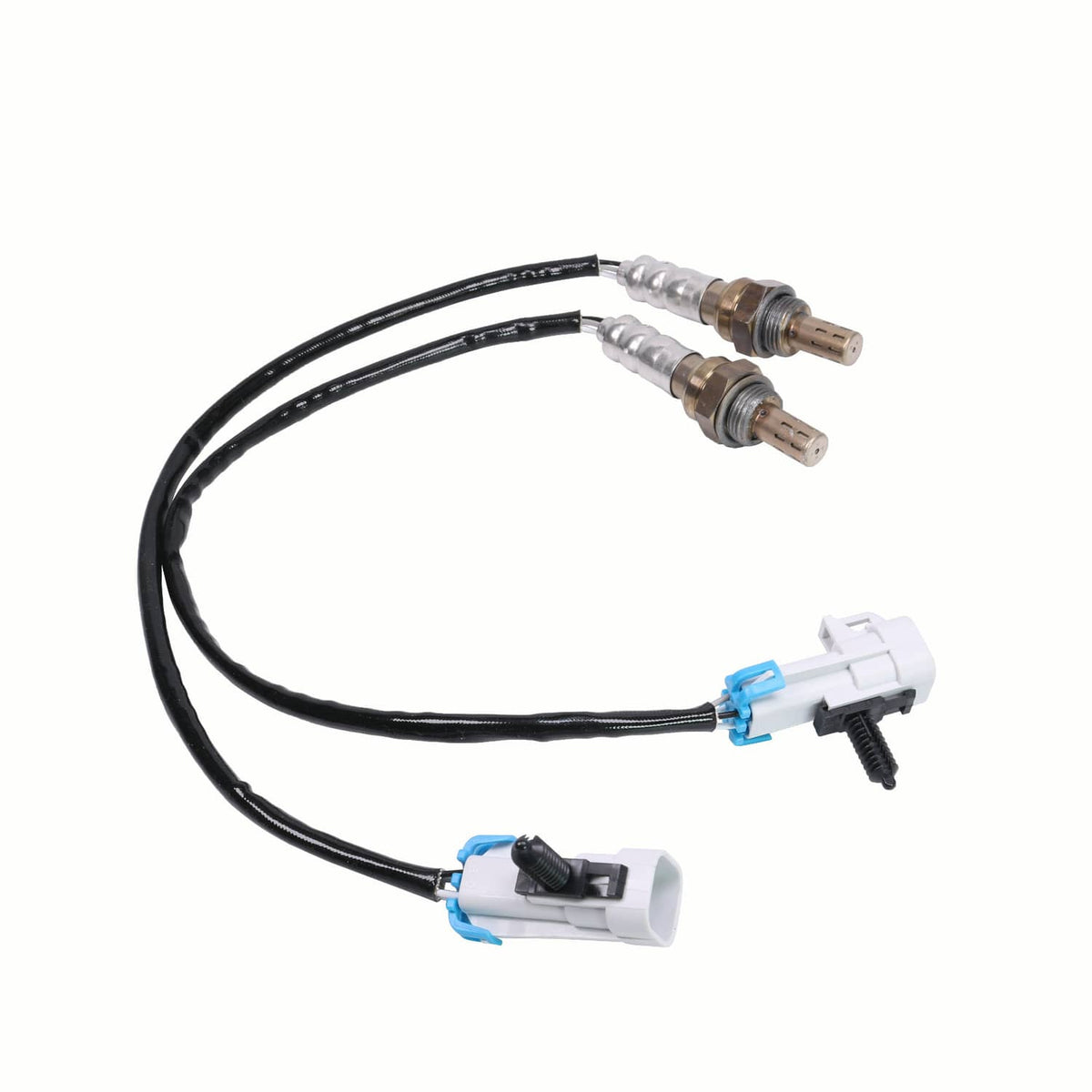 Upstream O2 oxygen sensor with two plug connectors and black wiring, metal probe tips