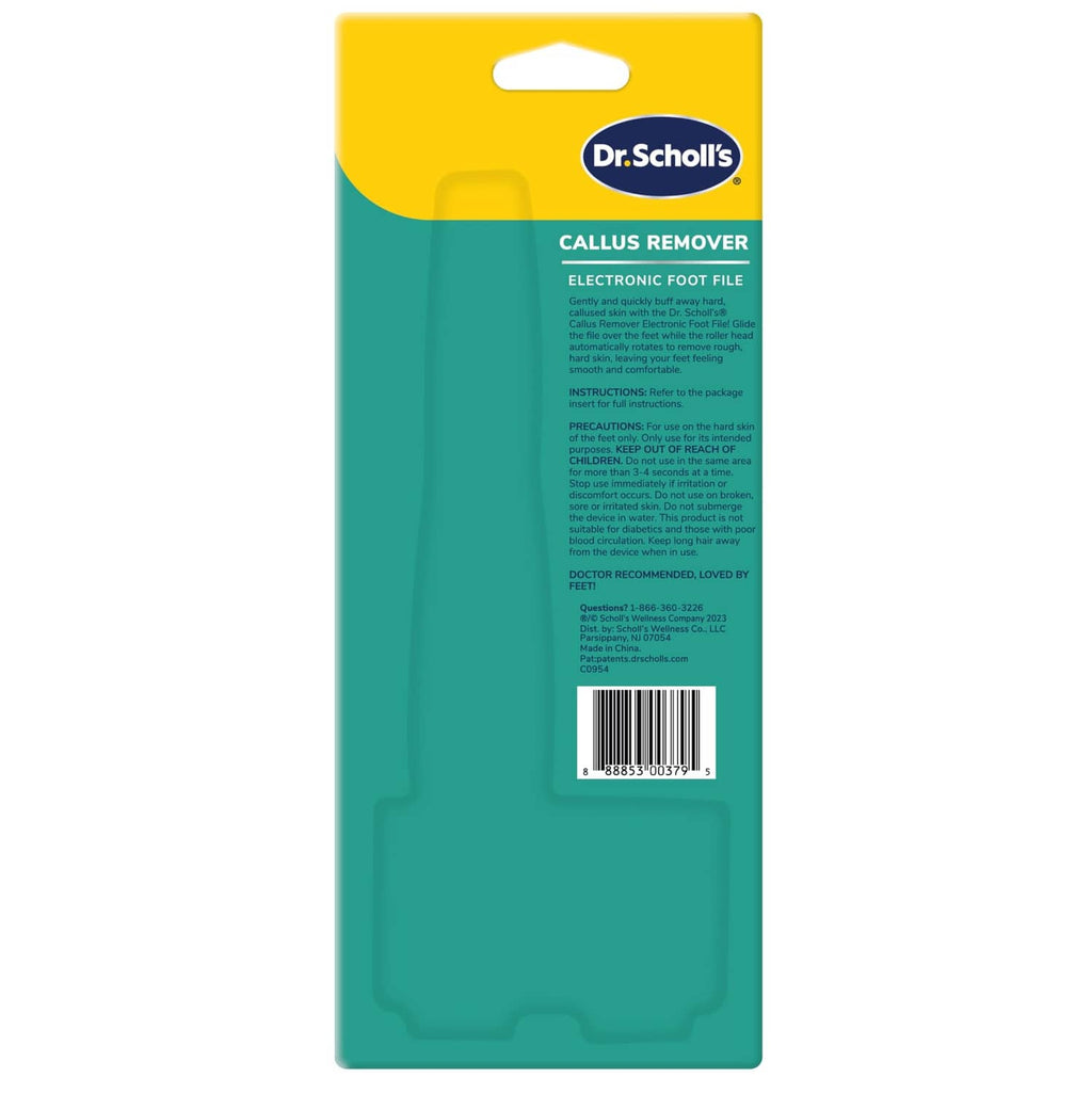 Back of electronic foot file callus remover box, teal panel with label and barcode