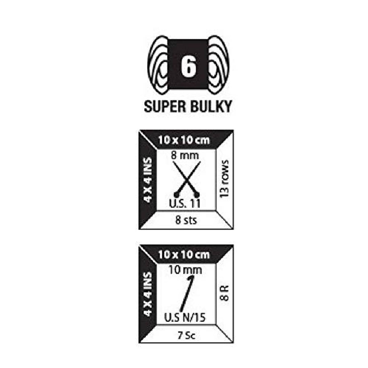 Yarn size label showing super bulky gauge and needle recommendations