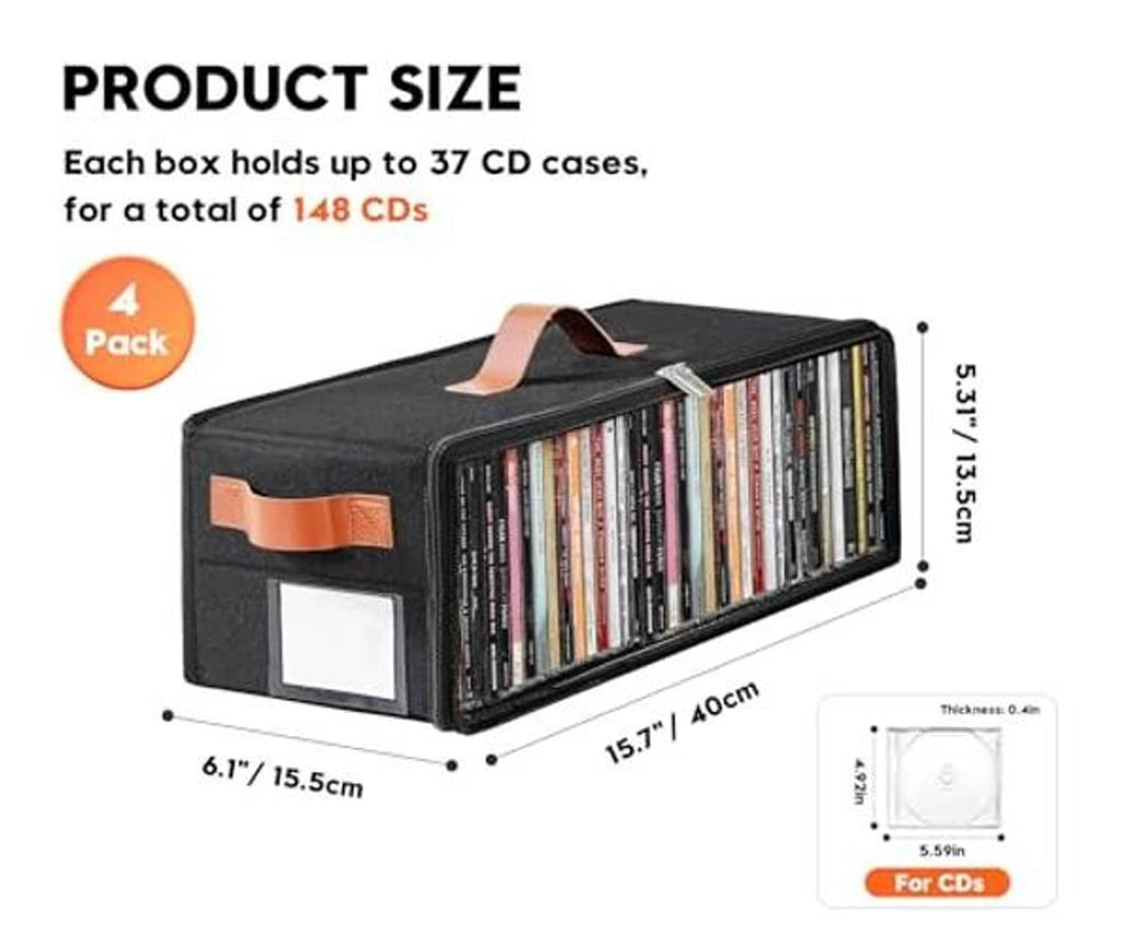 Black 4-pack CD storage boxes with clear front window and zipper closure