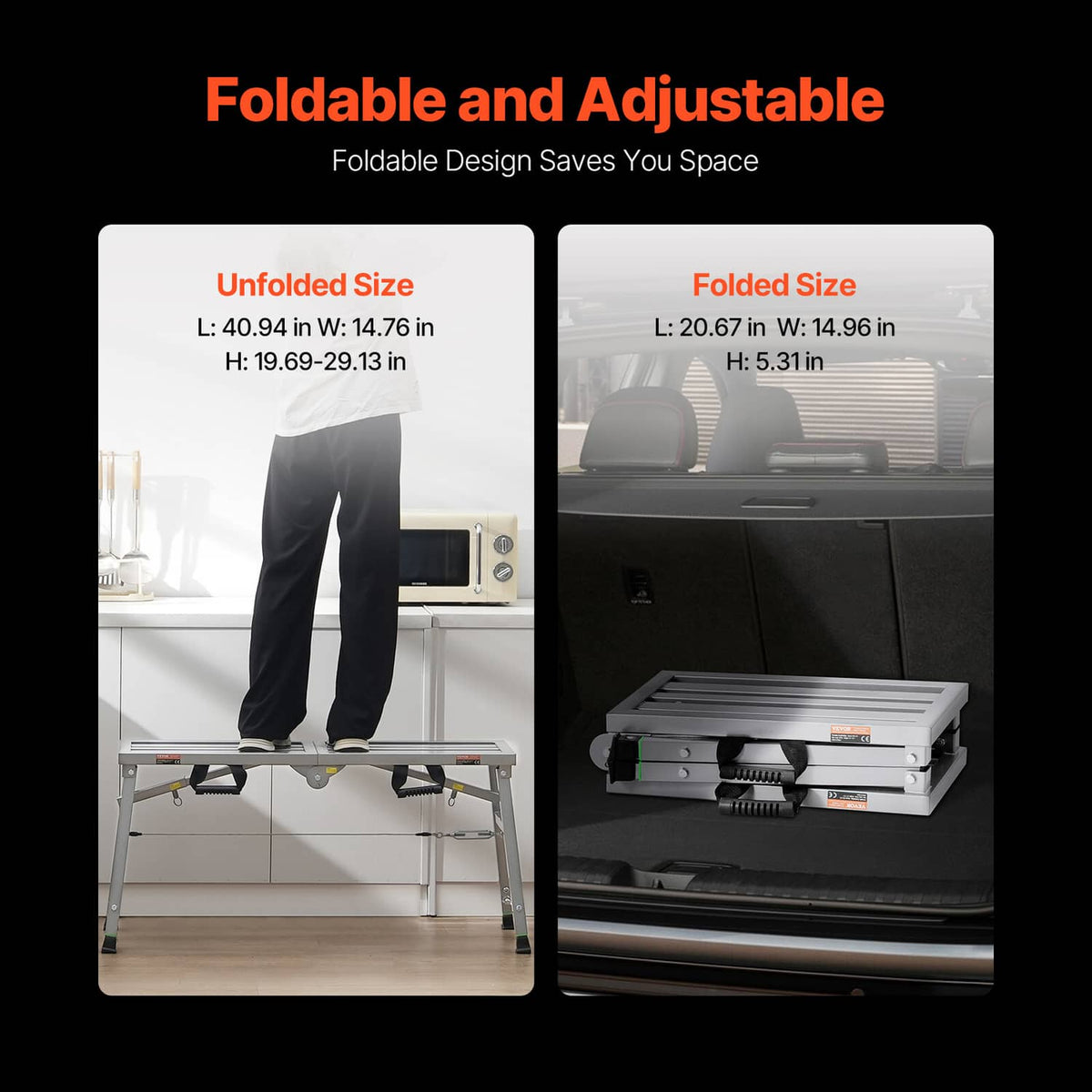 Folded and unfolded portable scaffolding platform with latch legs and safety straps