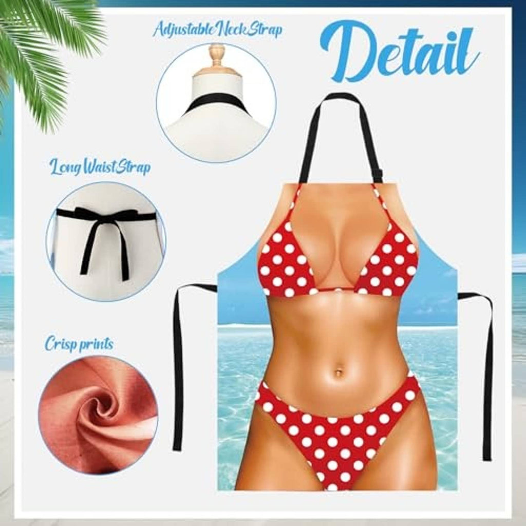 Red polka-dot apron with adjustable neck strap and long waist ties; crisp print