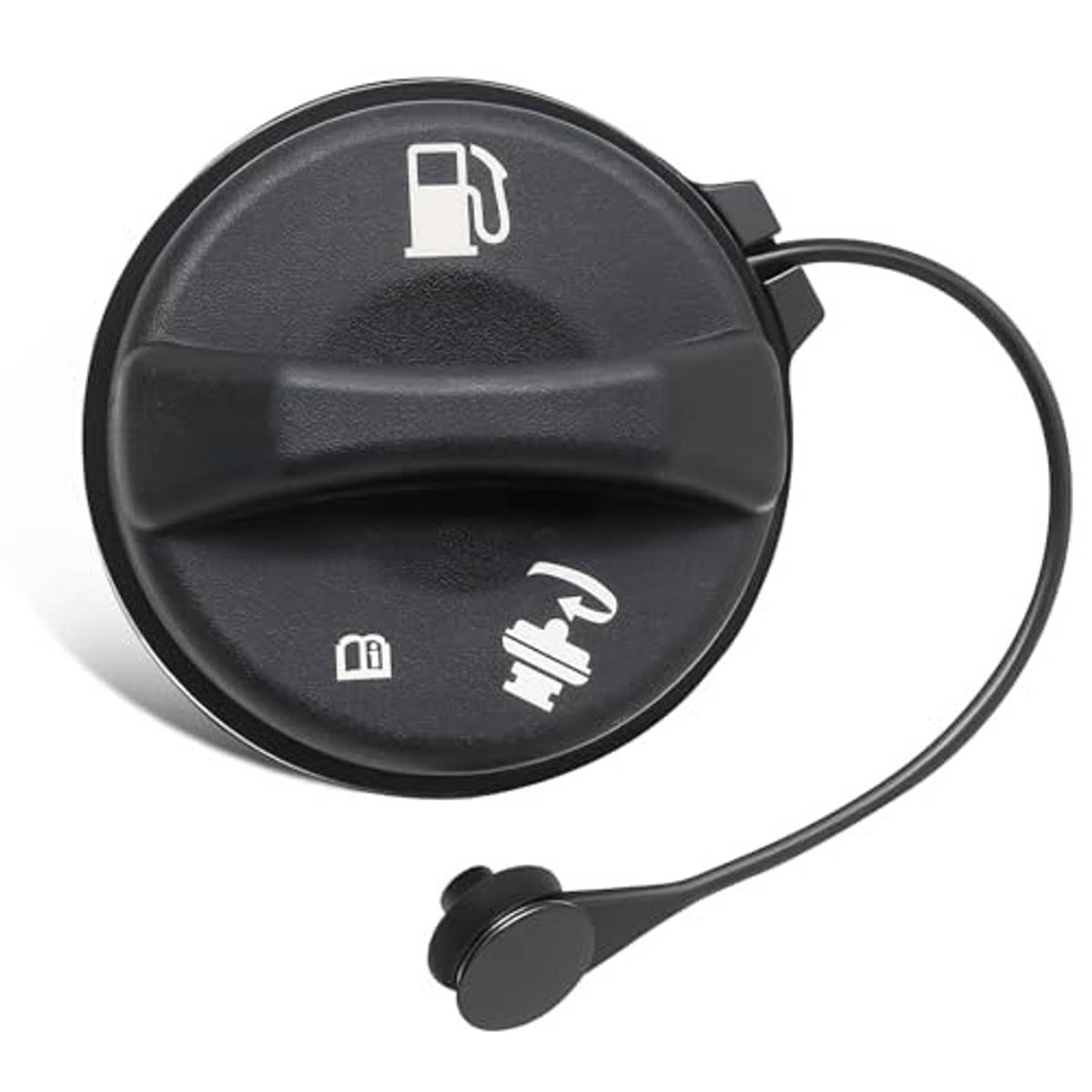 Black fuel cap with pump icons and flexible tether for easy access