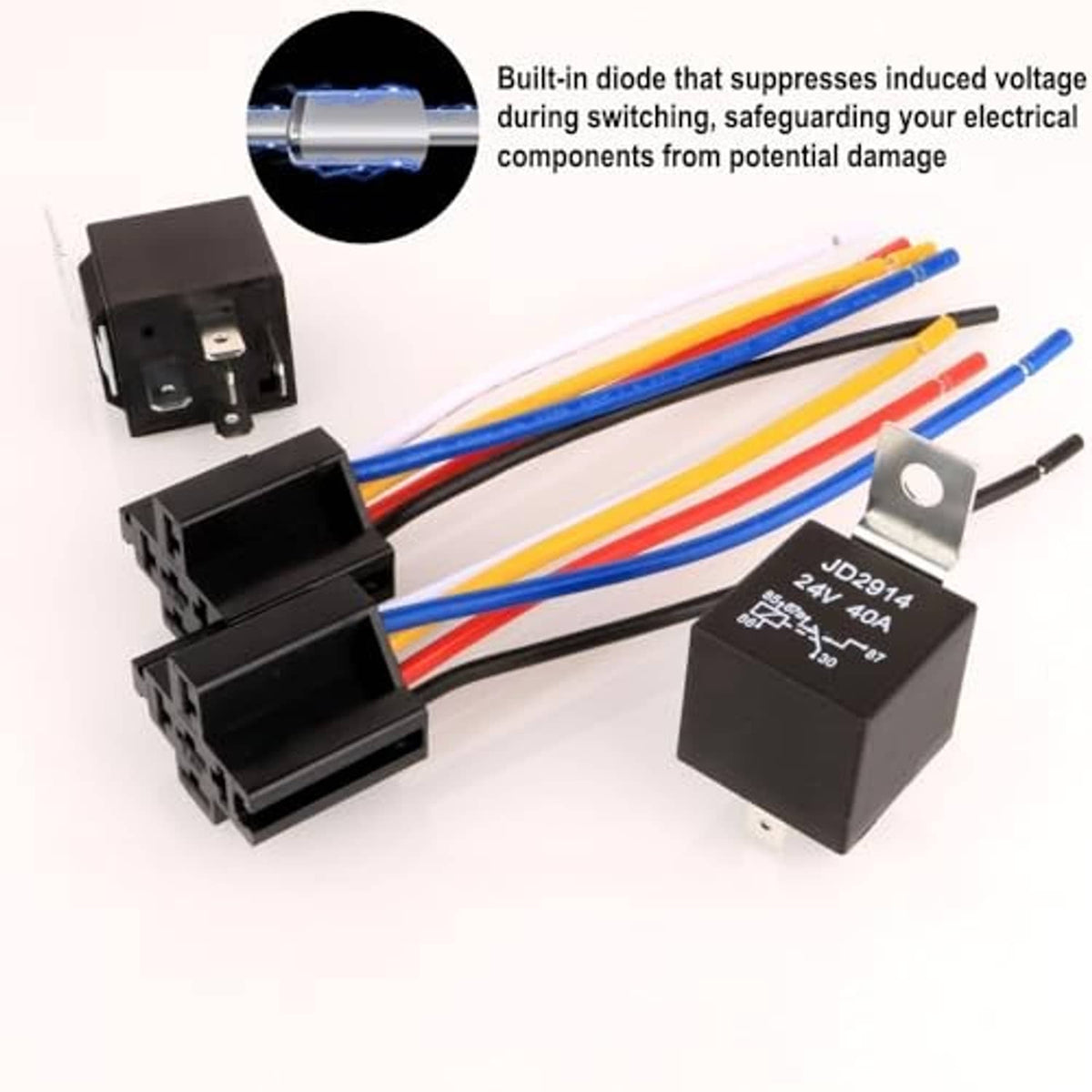 Relay harness set with diode feature and multi-color wire connectors