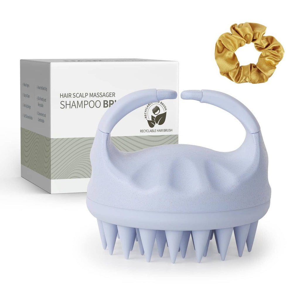 Sky blue scalp massager shampoo brush with curved handle and silicone bristles