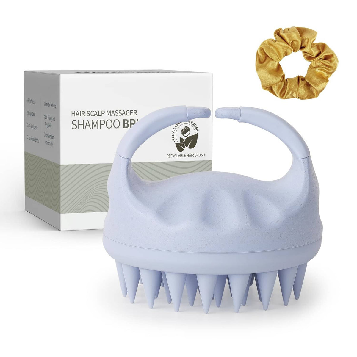 Sky blue scalp massager shampoo brush with curved handle and silicone bristles