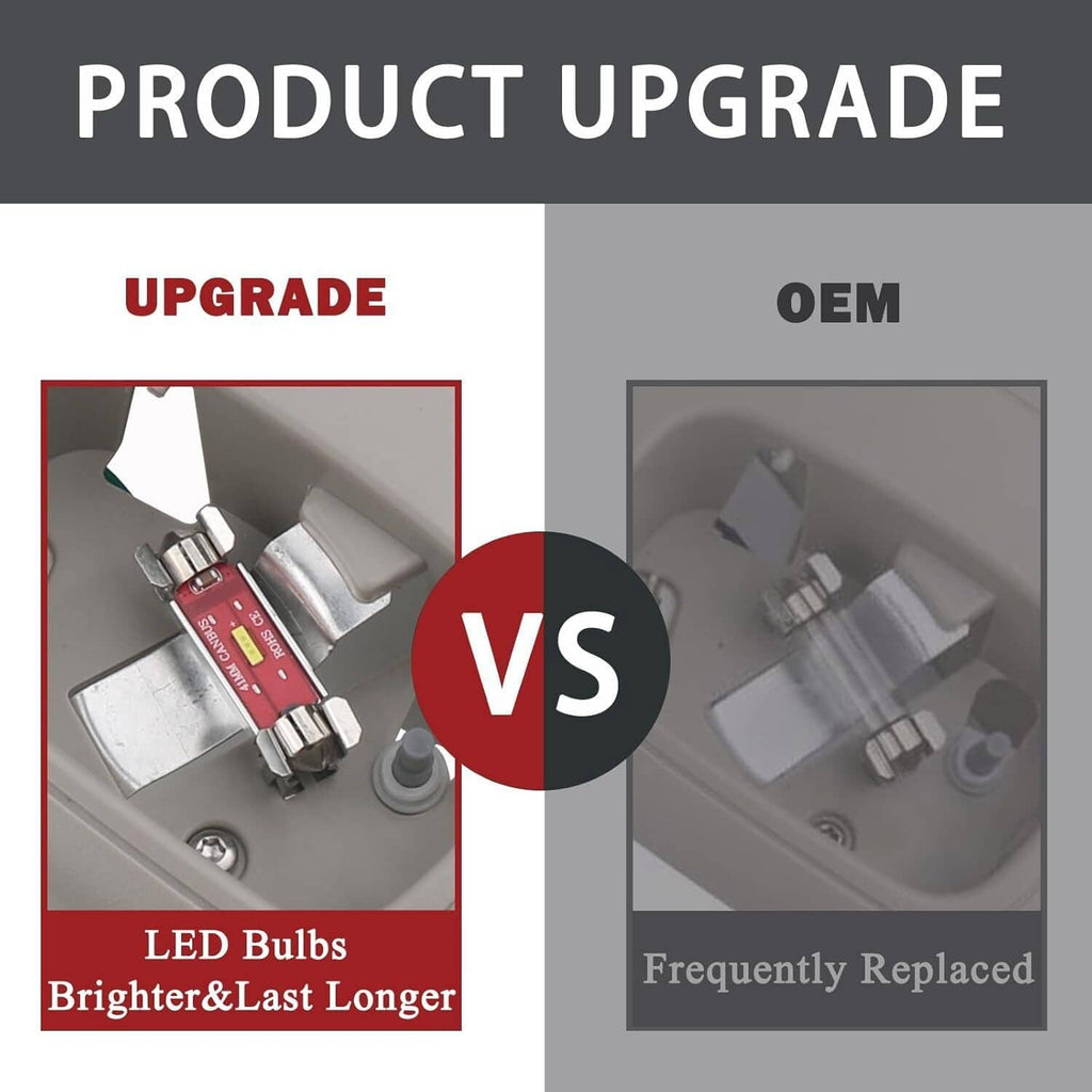 Overhead console map light upgrade graphic comparing LED bulbs and OEM bulb replacement