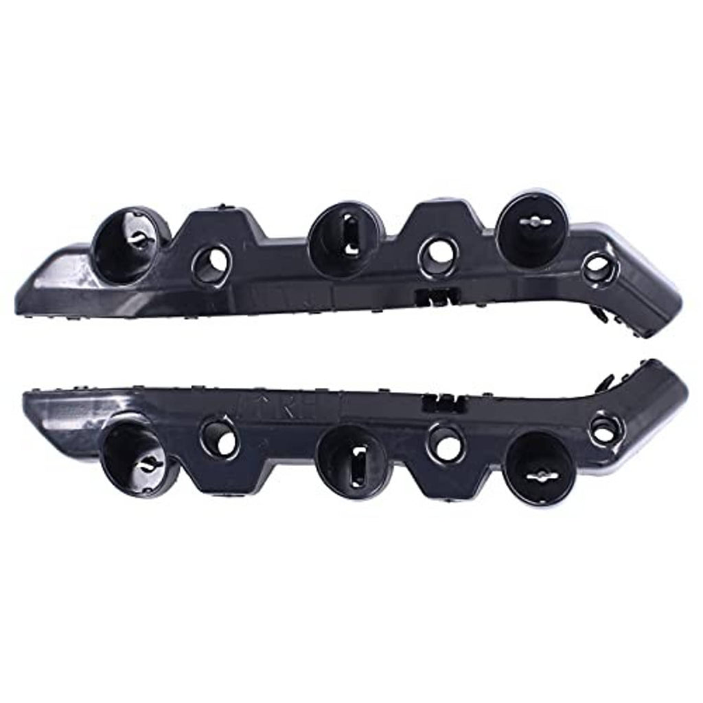 Front bumper bracket retainer pair, side view of black plastic with bolt holes