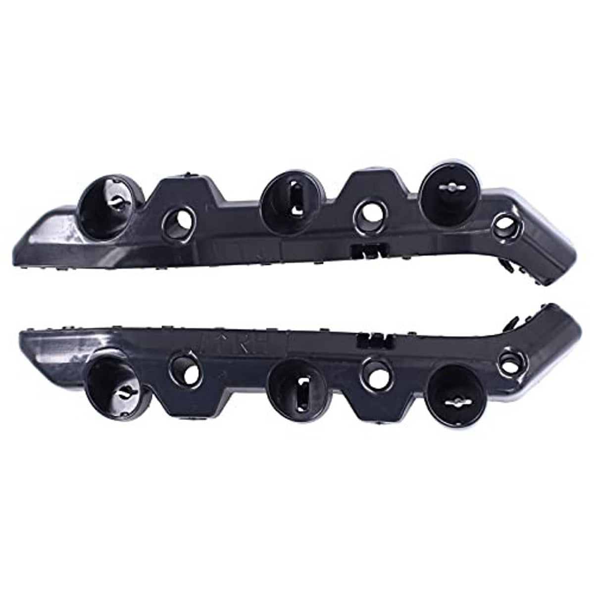 Front bumper bracket retainer pair, side view of black plastic with bolt holes