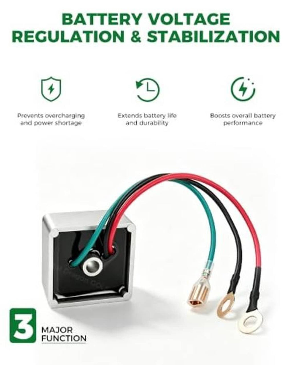 Voltage regulator assembly with metal casing and three color-coded wire leads