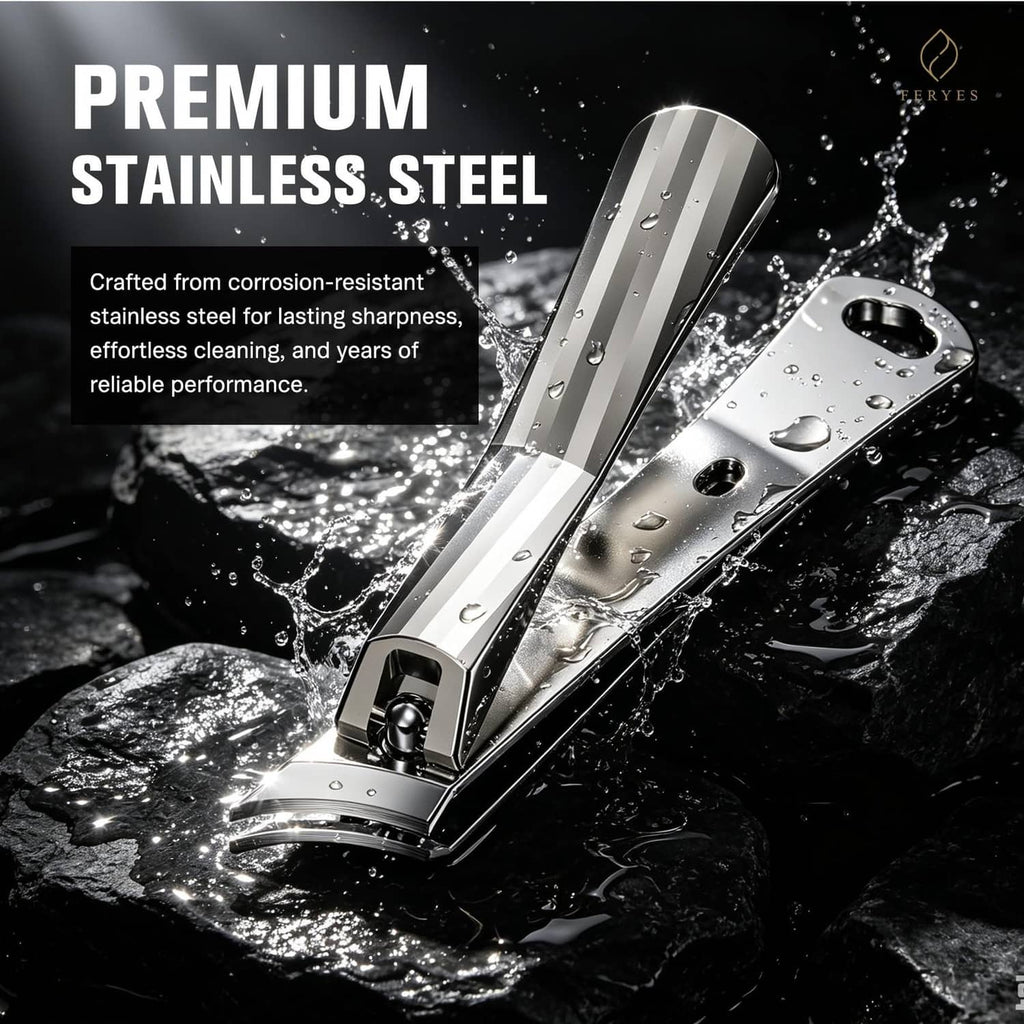 Stainless steel ingrown toenail clipper with droplets on metal blade.