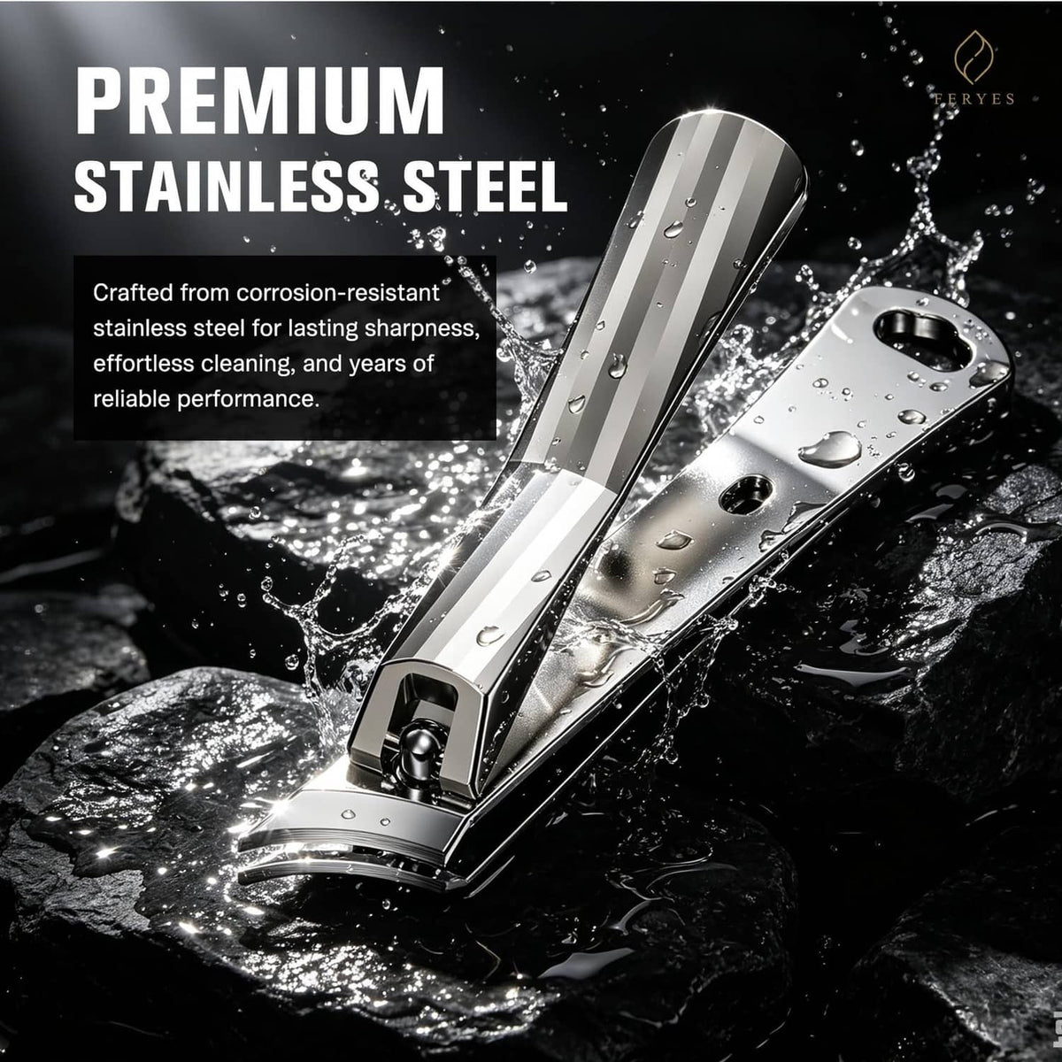 Stainless steel ingrown toenail clipper with droplets on metal blade.
