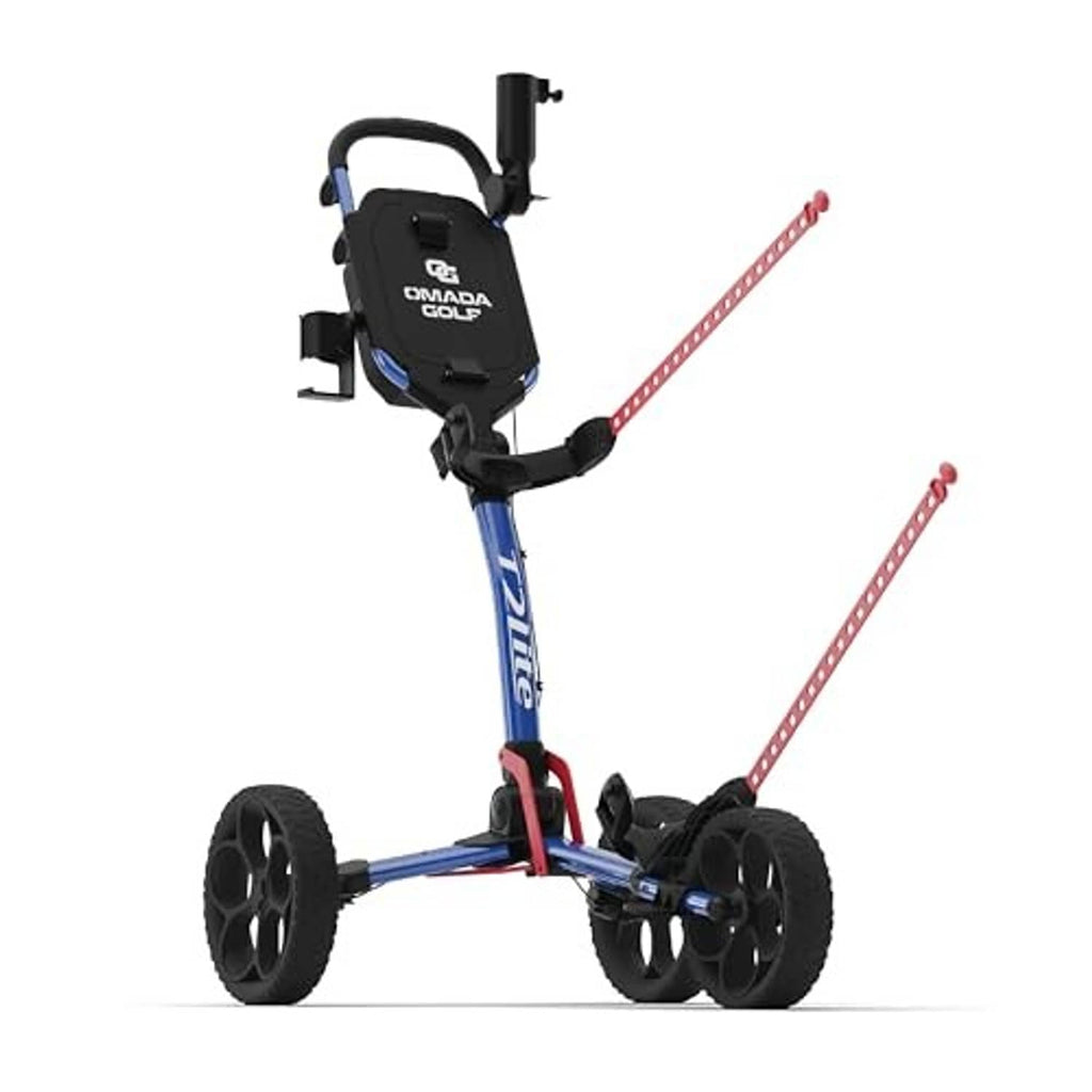 Red, white, and blue golf push cart with front wheels, handle, and compact folded frame.