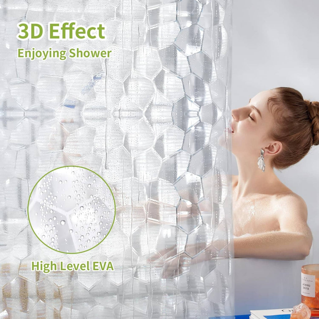 Clear white shower curtain liner with water-beading hexagon 3D texture for privacy