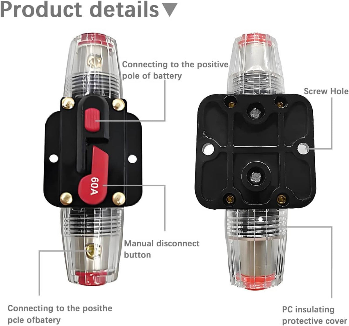 Inline circuit breaker shown front and back with mounting holes and manual disconnect button