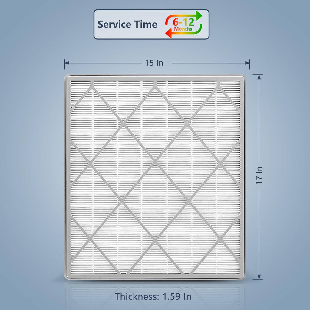 HE400 replacement HEPA filter with size marks: 15 in x 17 in, 1.59 in thick