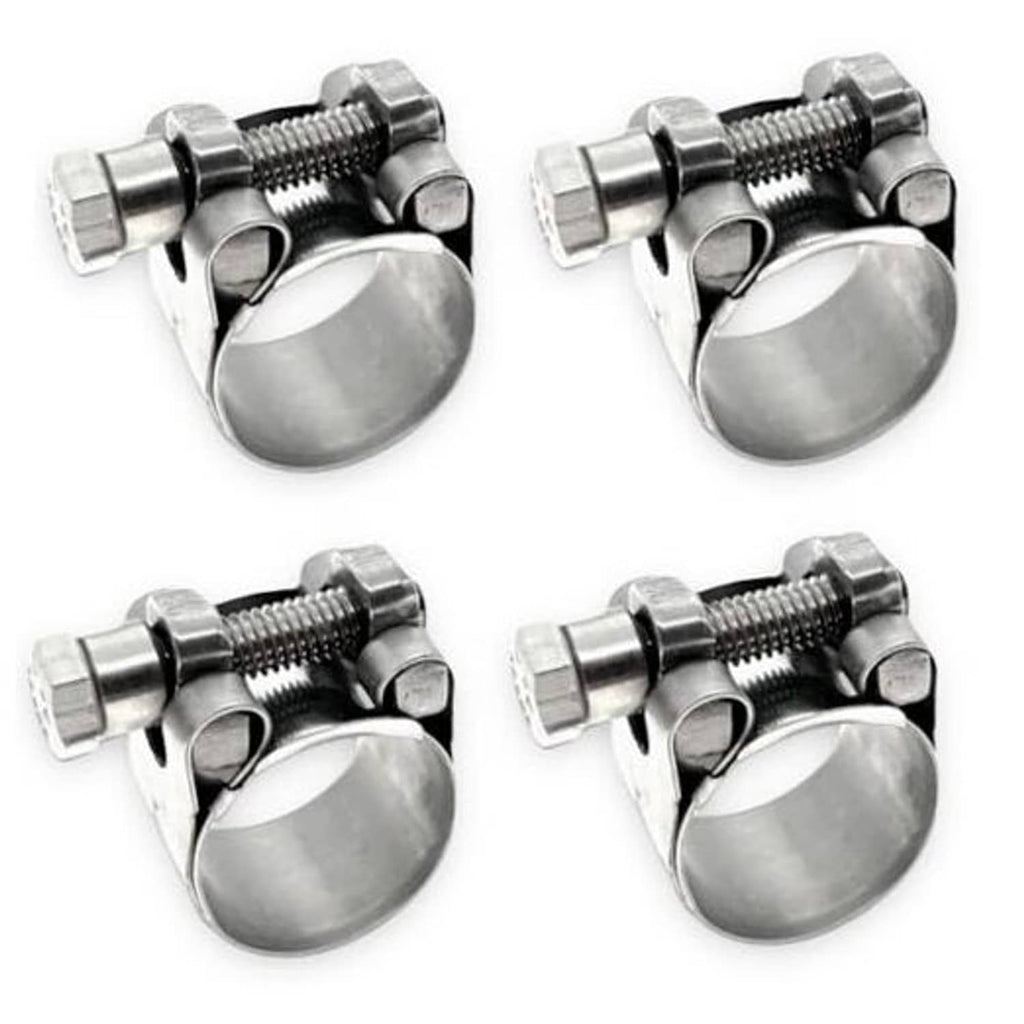 Stainless steel T-bolt hose clamps, four-pack with wide band and threaded screw housing
