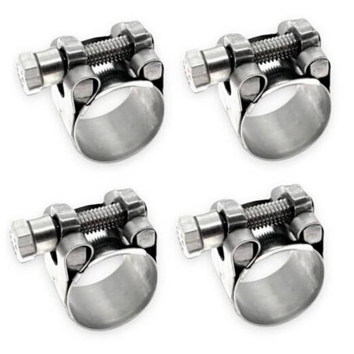 Stainless steel T-bolt hose clamps, four-pack with wide band and threaded screw housing