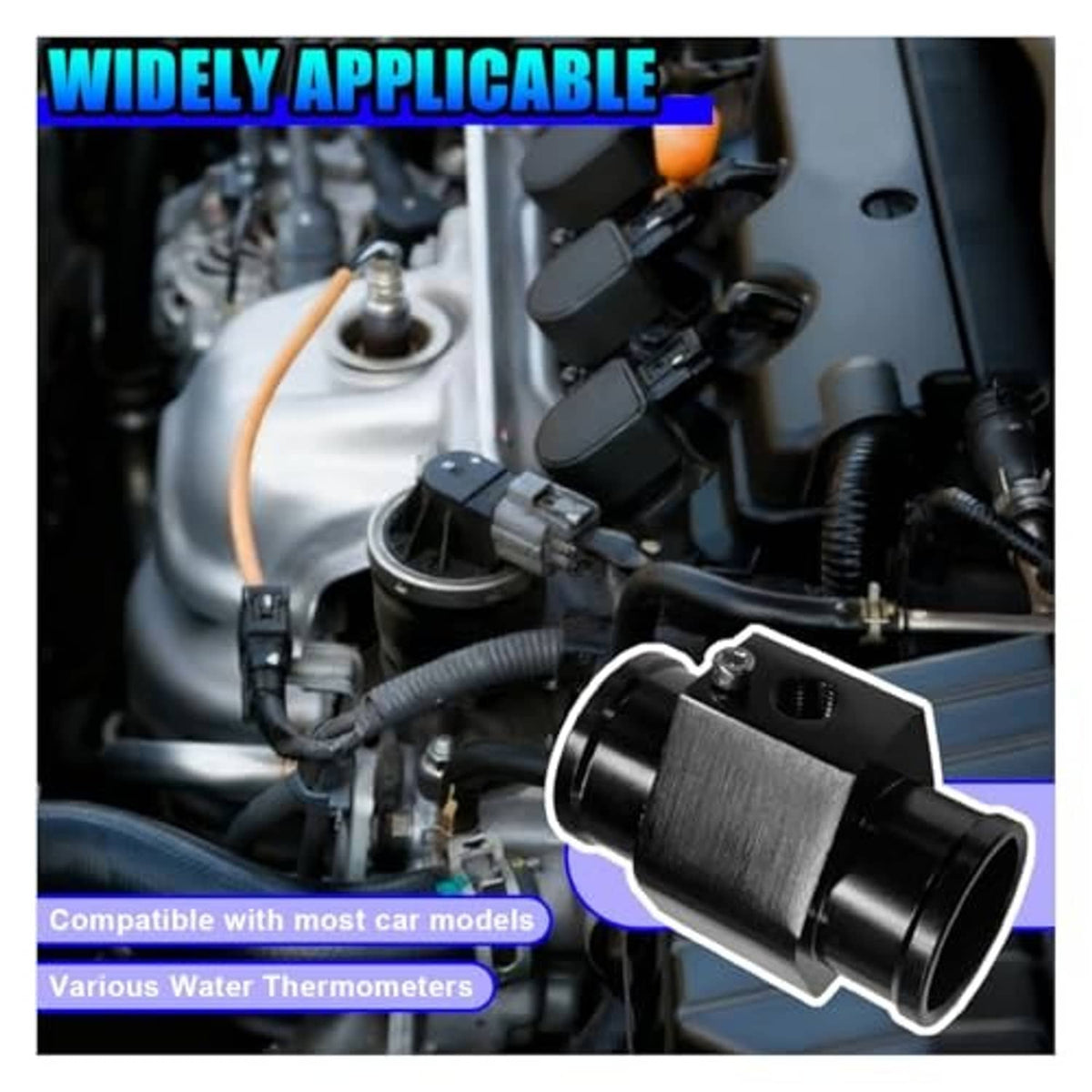 Car water temperature sensor joint pipe installed in engine bay with wire and clamps