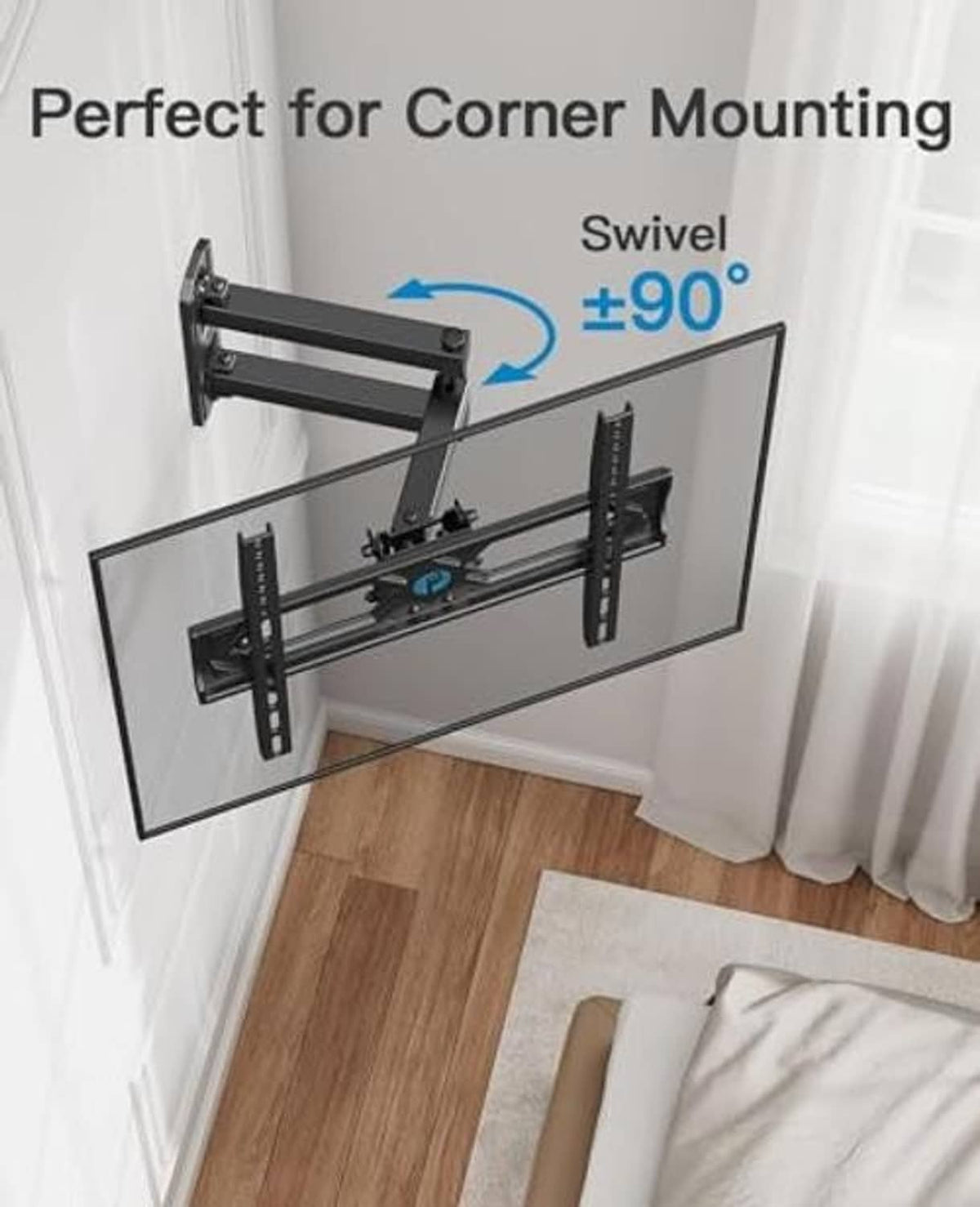 Full motion corner TV wall mount with swivel joint and angled support arms