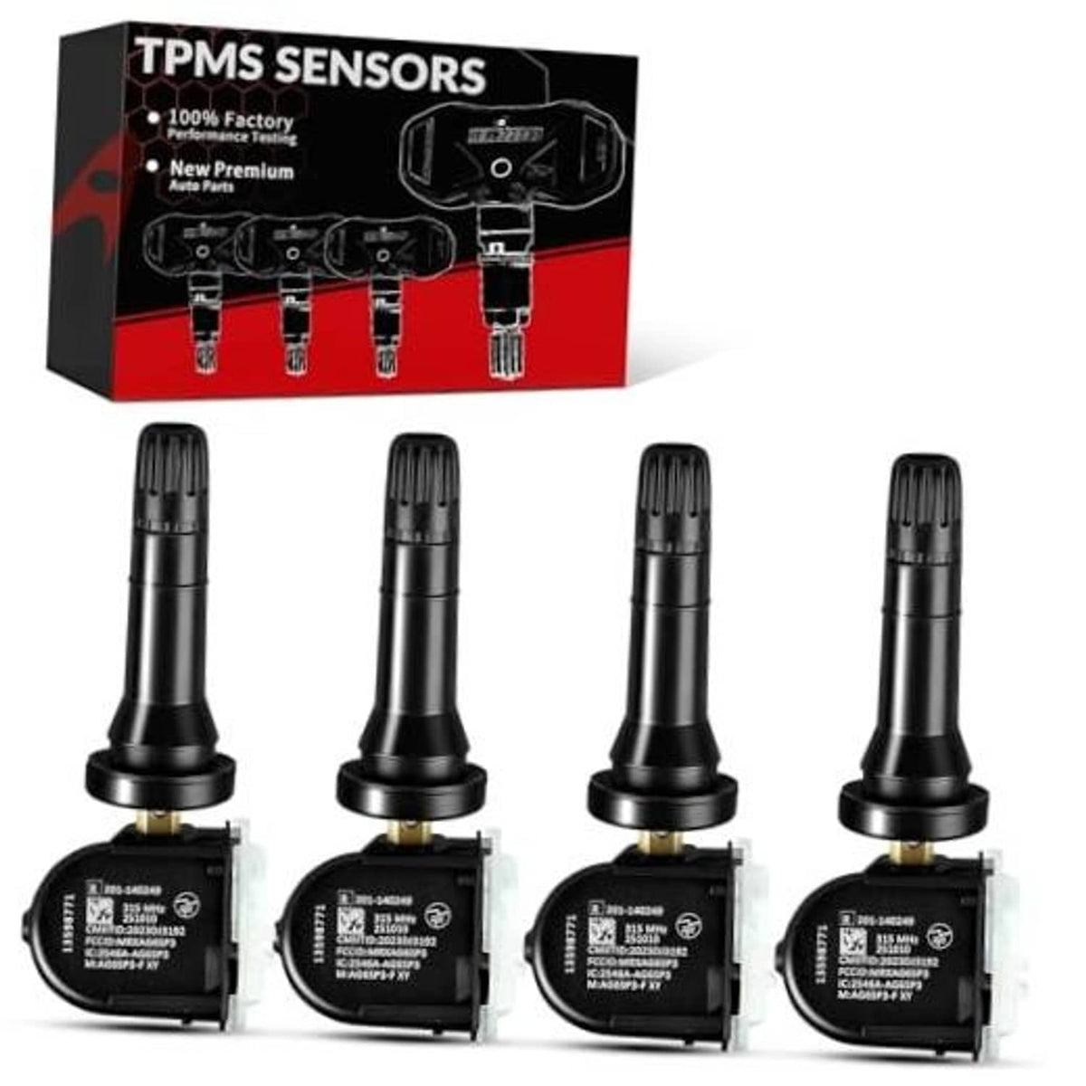 Set of black TPMS tire sensors with valve stems and electronic housings.