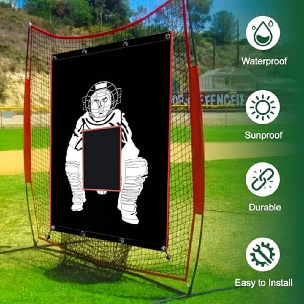 Black strike zone backstop panel on full net frame with red edging