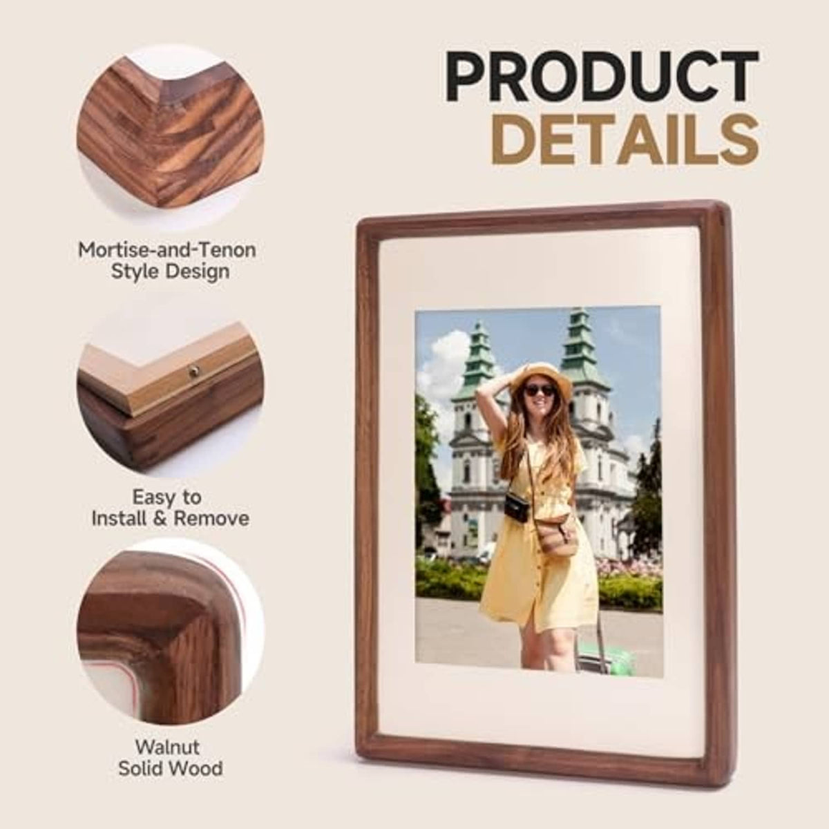 Walnut wood picture frame with white mat and rounded corner design