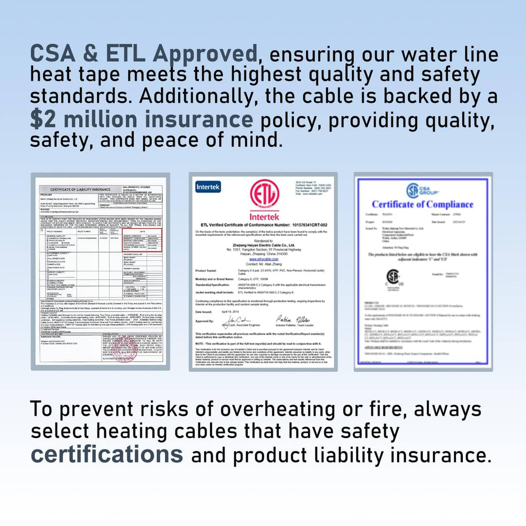 Safety certification documents and approvals for the heating cable