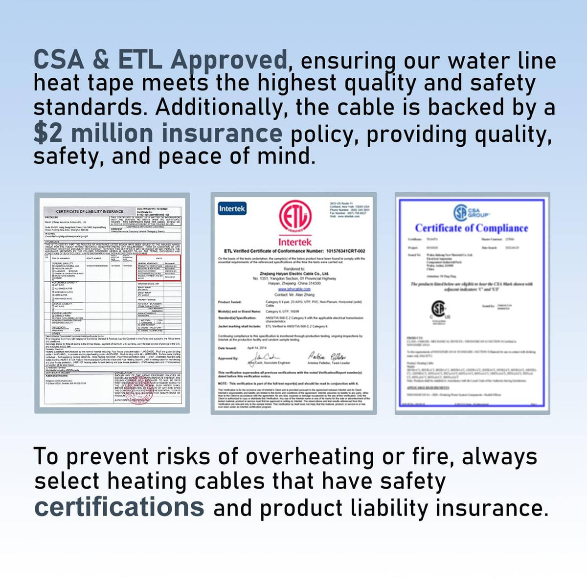 Safety certification documents and approvals for the heating cable