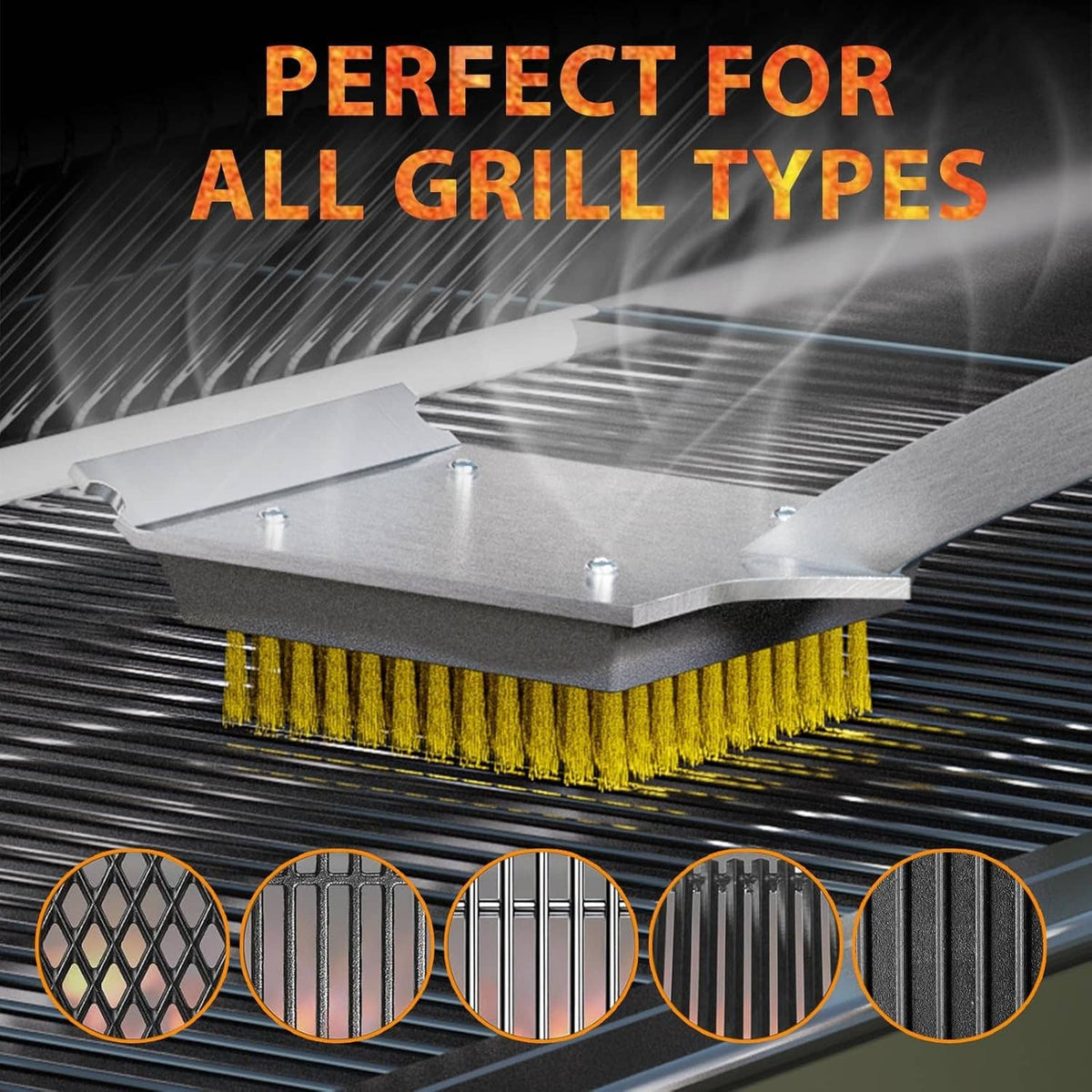 Copper wire grill brush head on a grate, with yellow bristle rows