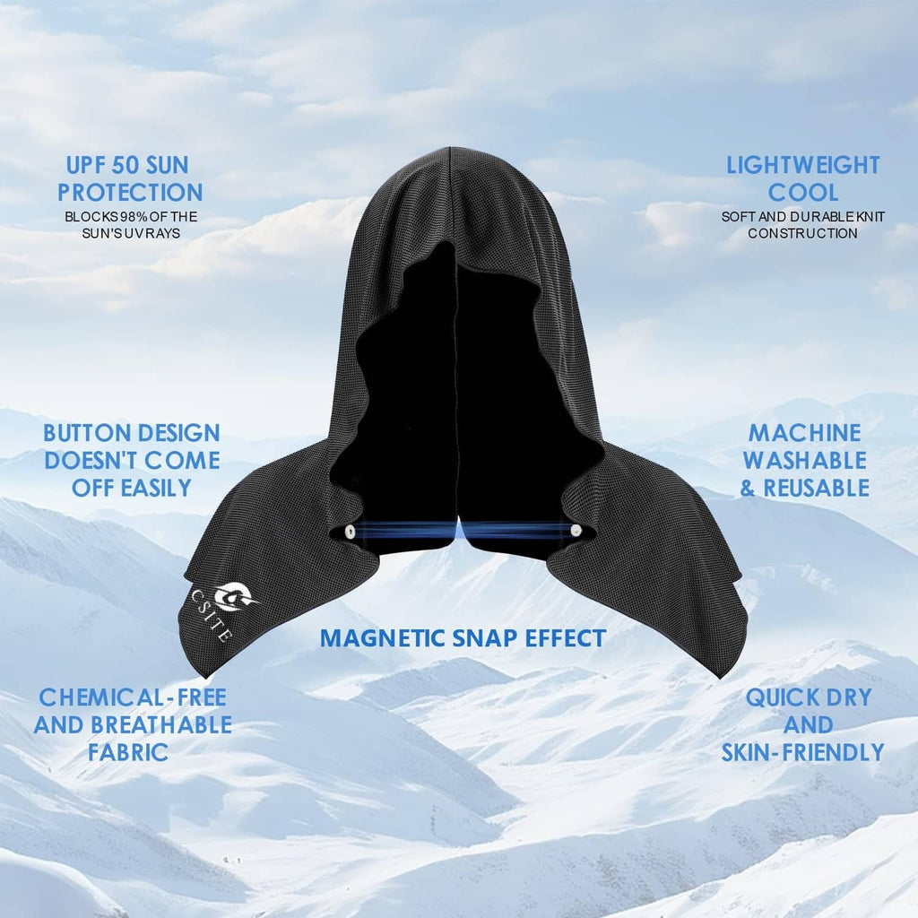 Black cooling hoodie towel with hood and snap-button closure across the collar