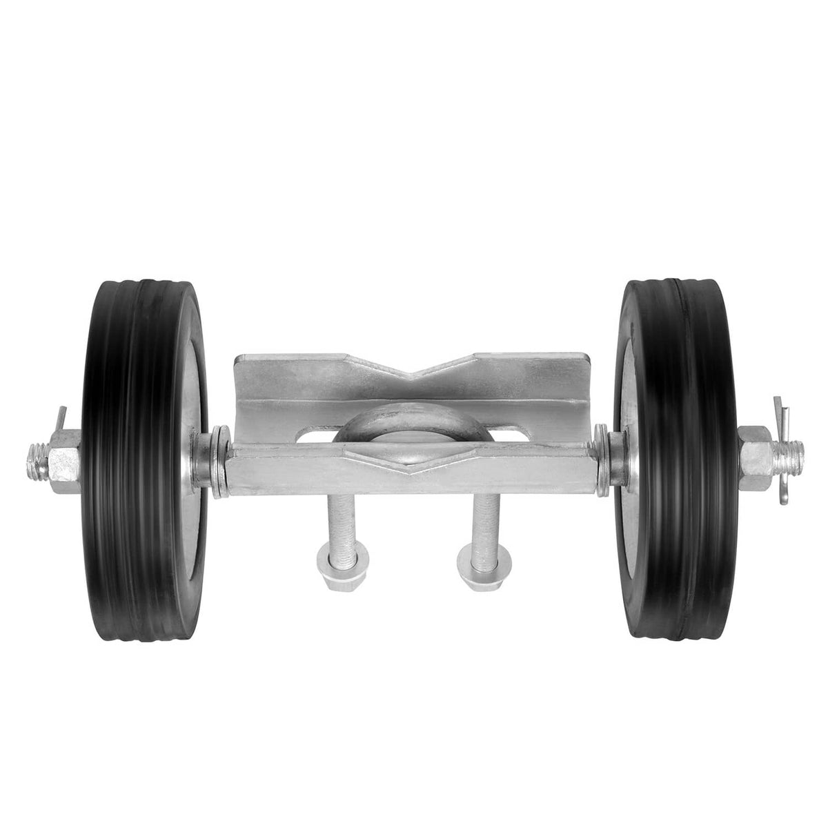 Sliding gate roller assembly with two black wheels and galvanized steel bracket