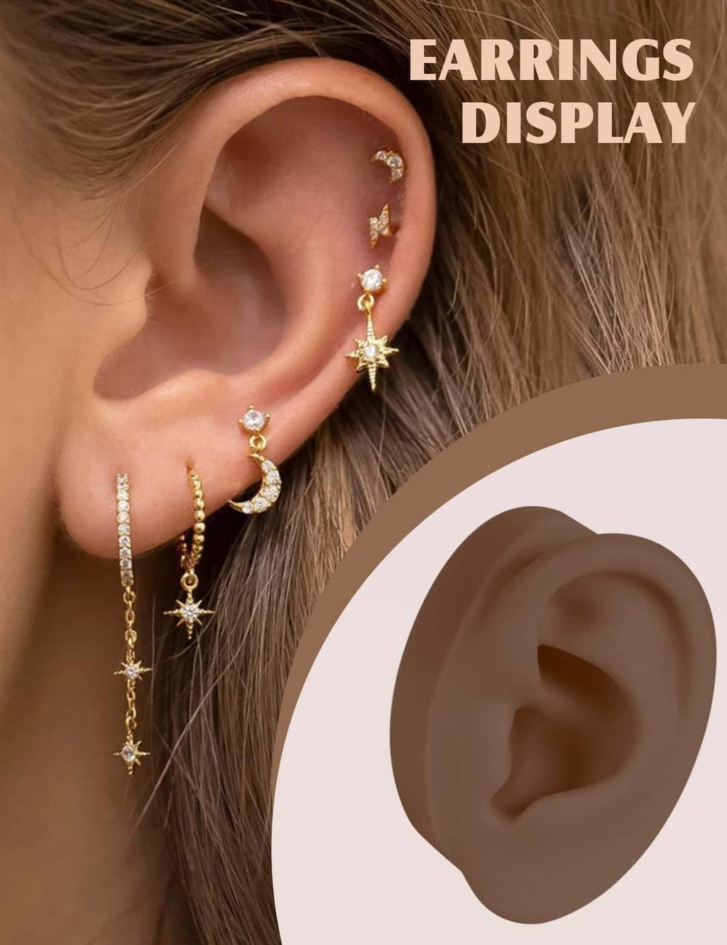 Dark brown silicone ear model near the ear, shown with gold drop earrings