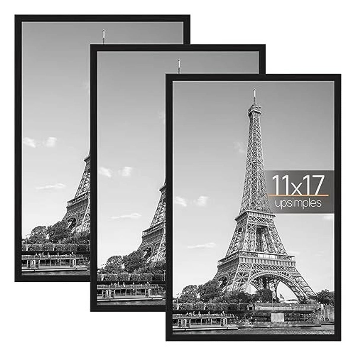 Three black 11x17 poster frames stacked front view with hanging hooks and clear window