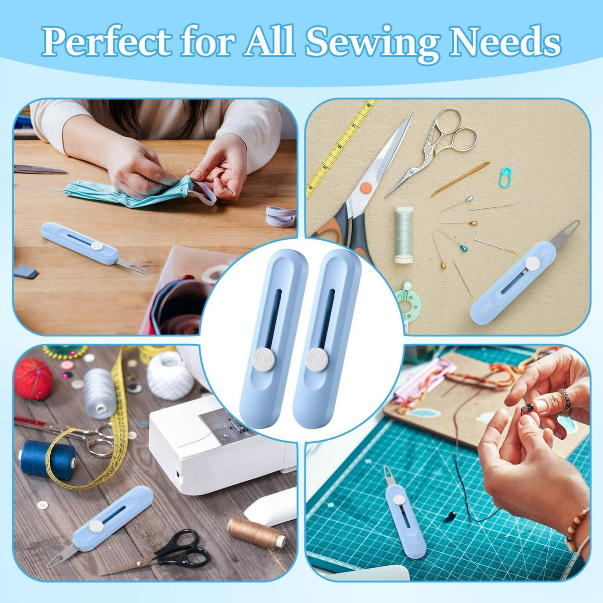 Blue needle threaders shown with sewing supplies on a work table and fabric surface.