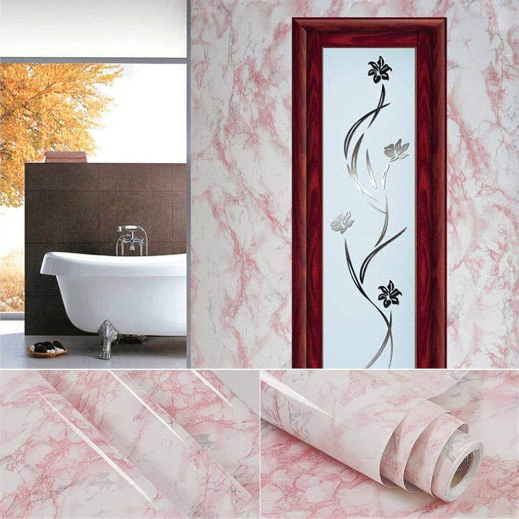 Pink marble peel-and-stick wall covering with rolled sheet section for installation