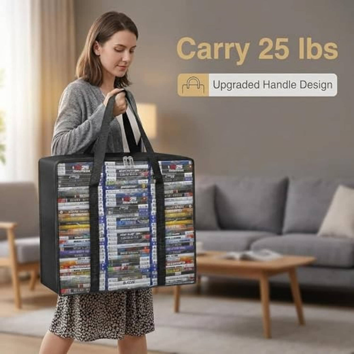 Black CD/DVD storage bags with clear window, zipper, and reinforced handle strap