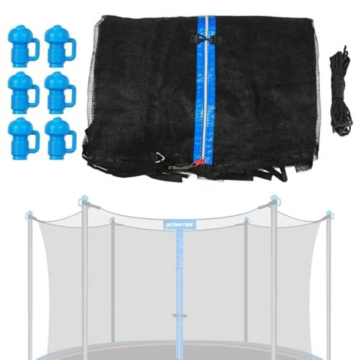 Trampoline safety enclosure net with black mesh, blue vertical zipper panel, poles