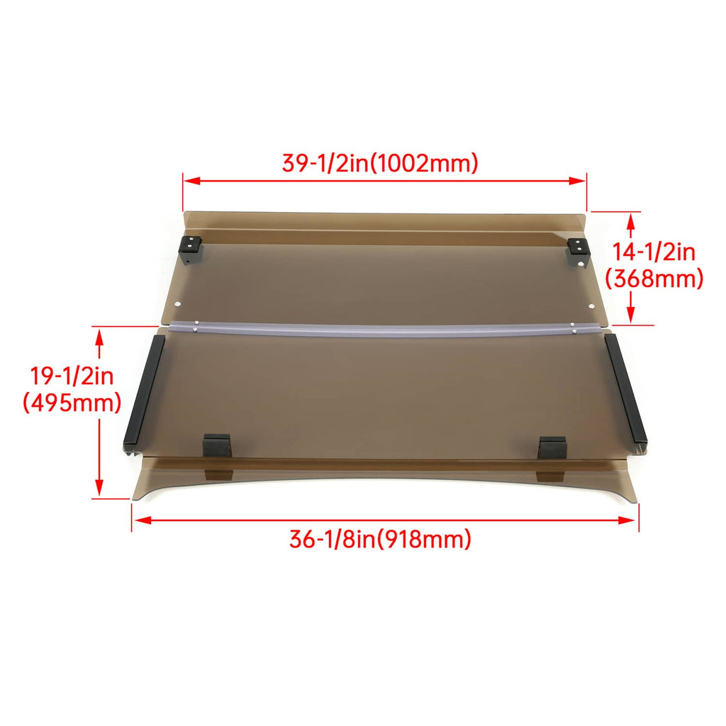 Tinted folding down windshield panel, brown glass, with black brackets and mounting points