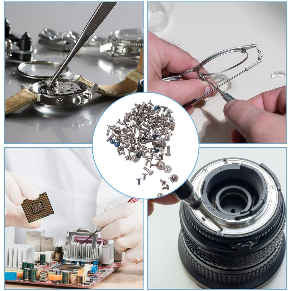 Watch battery clamp screws with watch opening tools; loose silver screws shown