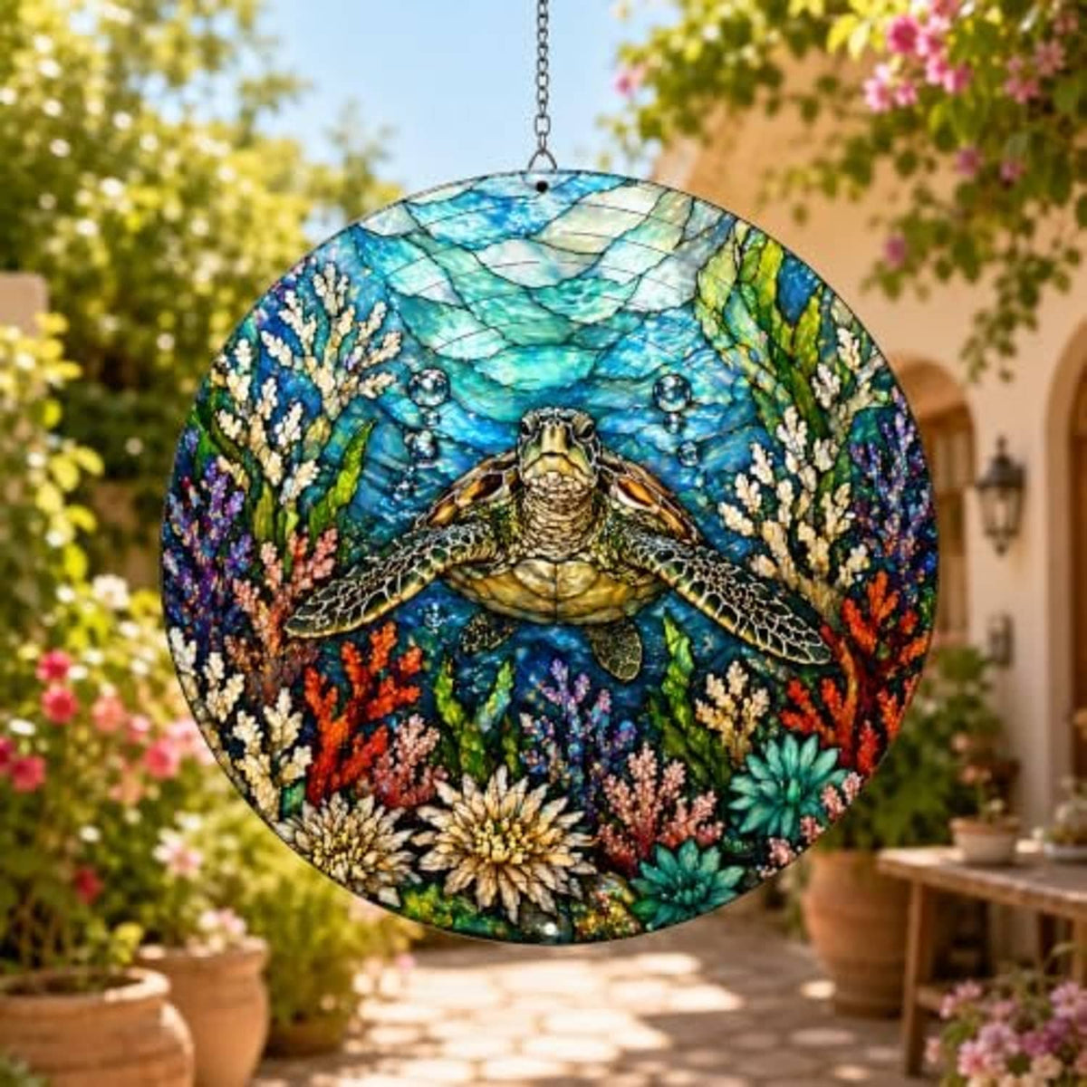 Hanging round sea turtle wind spinner with detailed turtle figure and multicolor coral artwork.