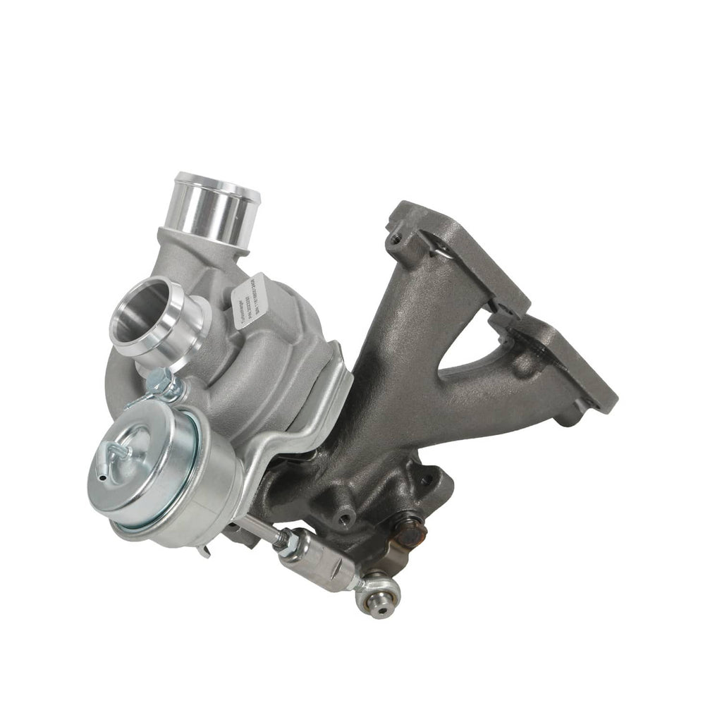 Turbocharger with inlet and actuator components, silver and dark metal housing