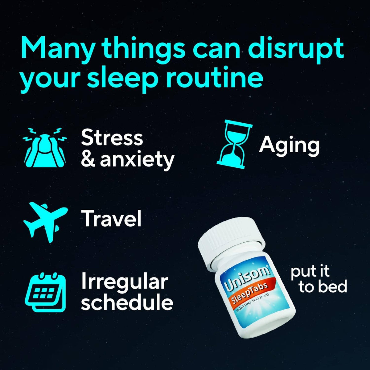 Unisom SleepTabs bottle with nighttime routine disruption icons
