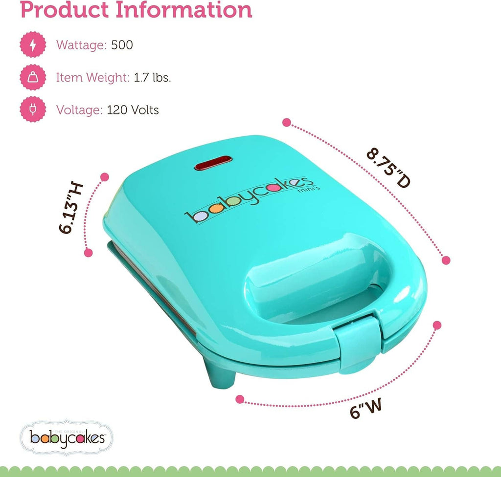 Teal mini waffle stick maker with compact body and hinged lid, top view