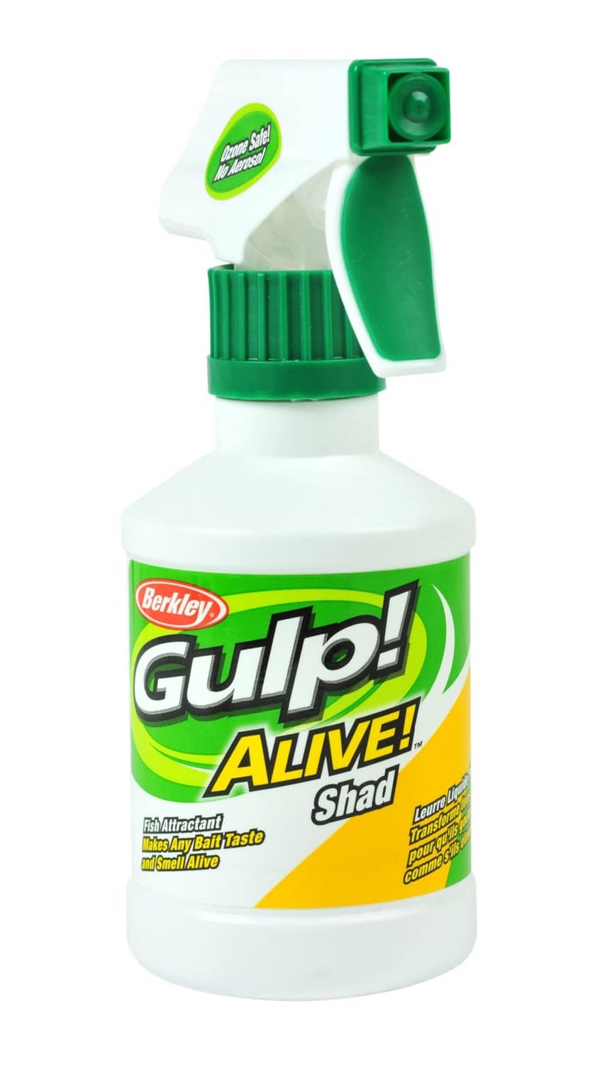 Berkley Gulp! Alive!® sild attractant spray bottle, green trigger on white body