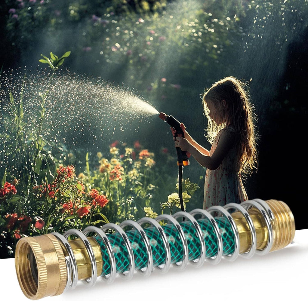 Brass hose protector with teal coil spring on extended garden hose during watering