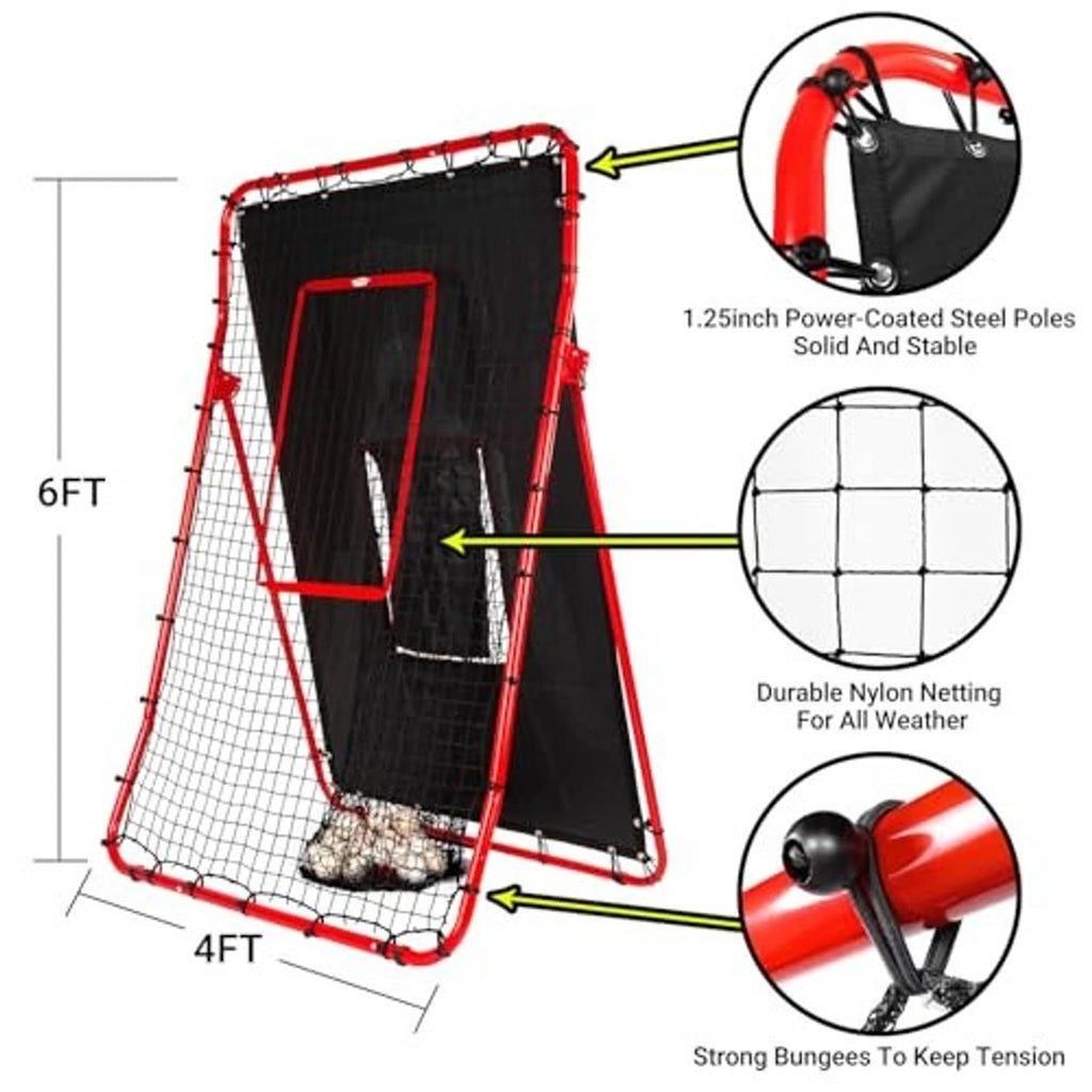 Adjustable baseball net with red bungee corners, black nylon mesh, and red steel poles
