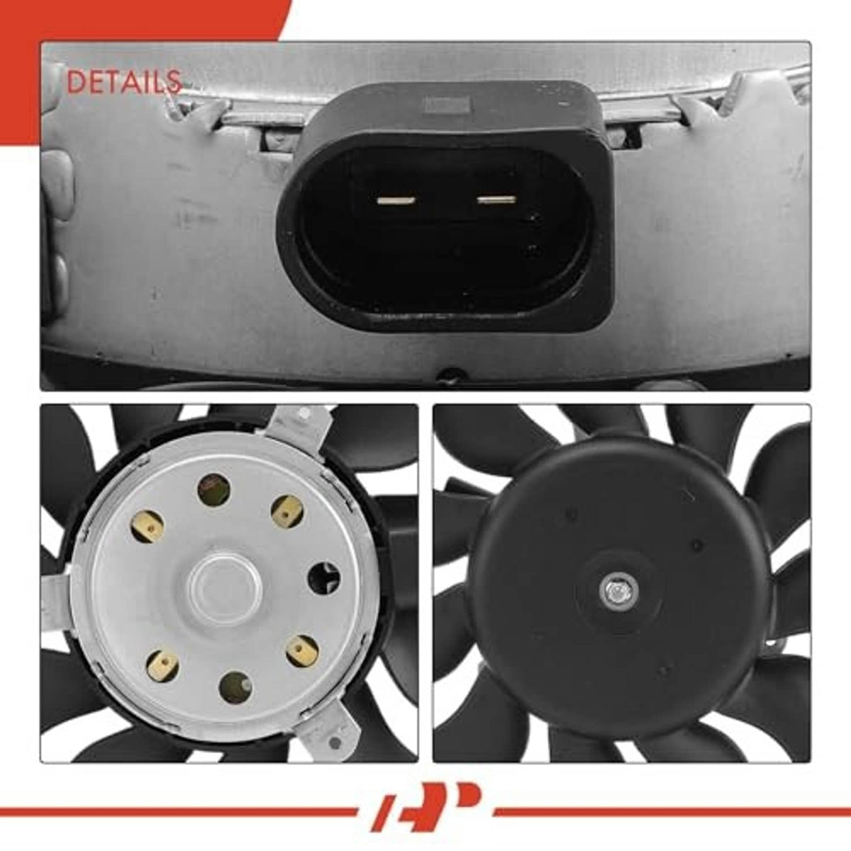Radiator fan motor assembly details: electrical connector and circular blade hub views